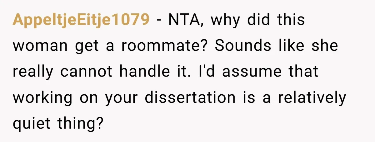 AppeltjeEitje1079 − NTA, why did this woman get a roommate? Sounds like she really cannot handle it. I'd assume that working on your dissertation is a relatively quiet thing?