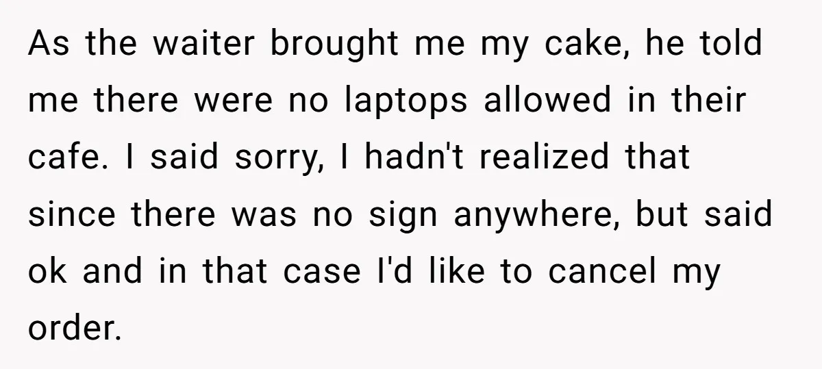 As the waiter brought me my cake, he told me there were no laptops allowed in their cafe. I said sorry, I hadn't realized that since there was no sign...