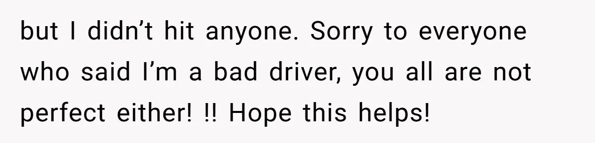 but I didn’t hit anyone. Sorry to everyone who said I’m a bad driver, you all are not perfect either! !! Hope this helps!