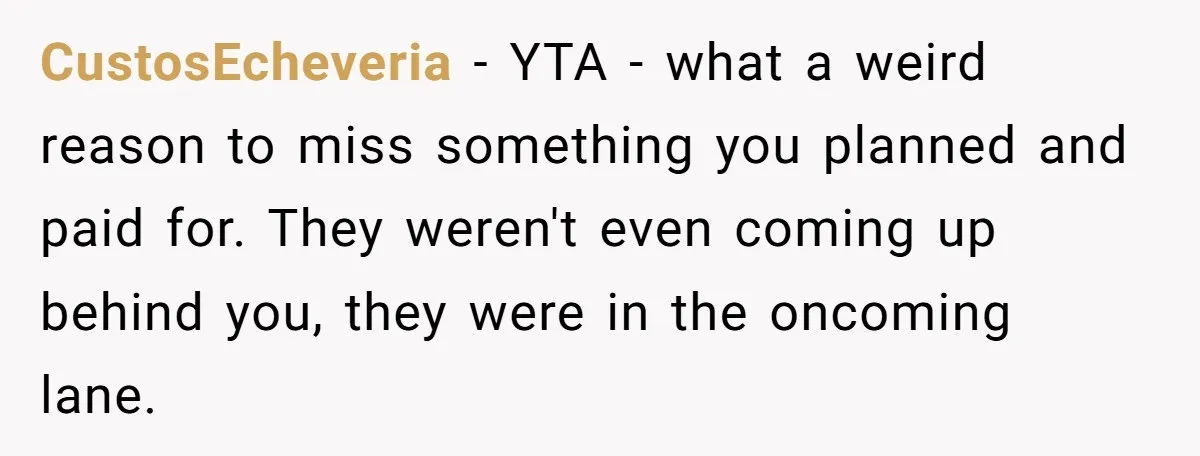CustosEcheveria − YTA - what a weird reason to miss something you planned and paid for. They weren't even coming up behind you, they were in the oncoming lane.