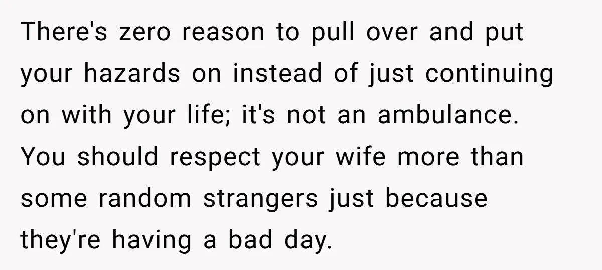 There's zero reason to pull over and put your hazards on instead of just continuing on with your life; it's not an ambulance. You should respect your wife more than...