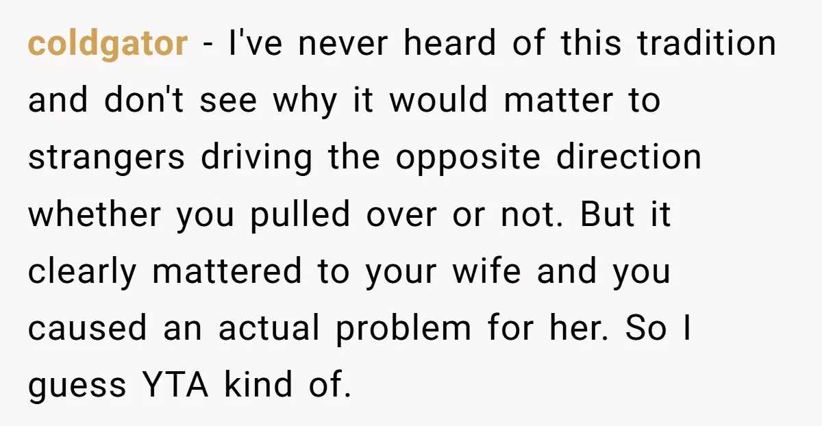coldgator − I've never heard of this tradition and don't see why it would matter to strangers driving the opposite direction whether you pulled over or not. But it clearly...
