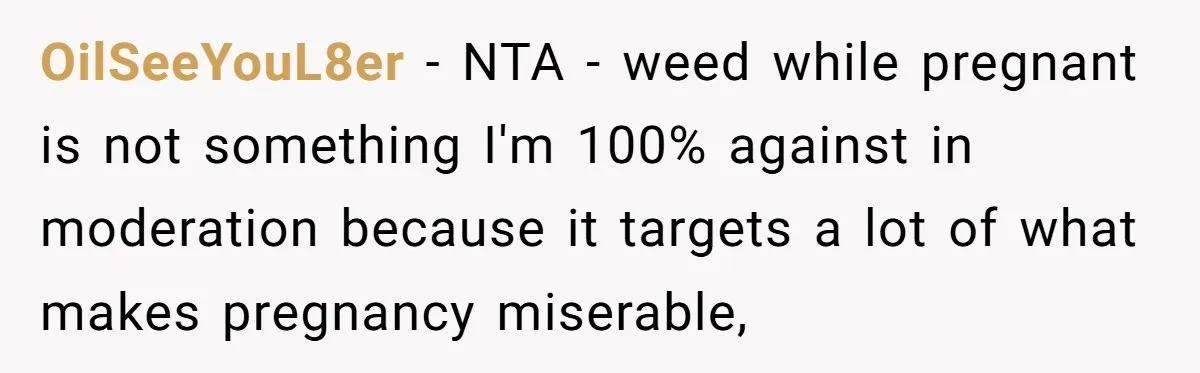 OilSeeYouL8er − NTA - weed while pregnant is not something I'm 100% against in moderation because it targets a lot of what makes pregnancy miserable,