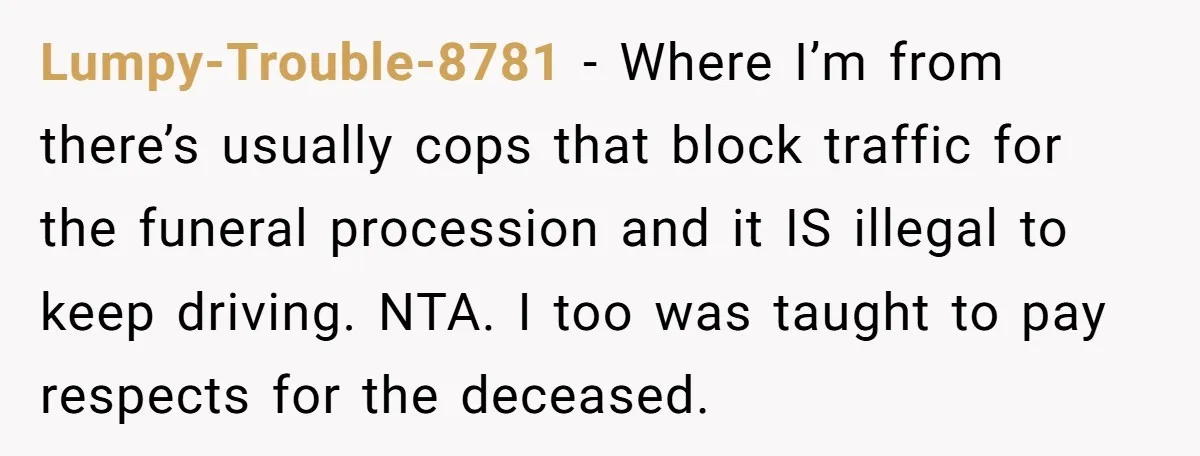 Lumpy-Trouble-8781 − Where I’m from there’s usually cops that block traffic for the funeral procession and it IS illegal to keep driving. NTA. I too was taught to pay respects...