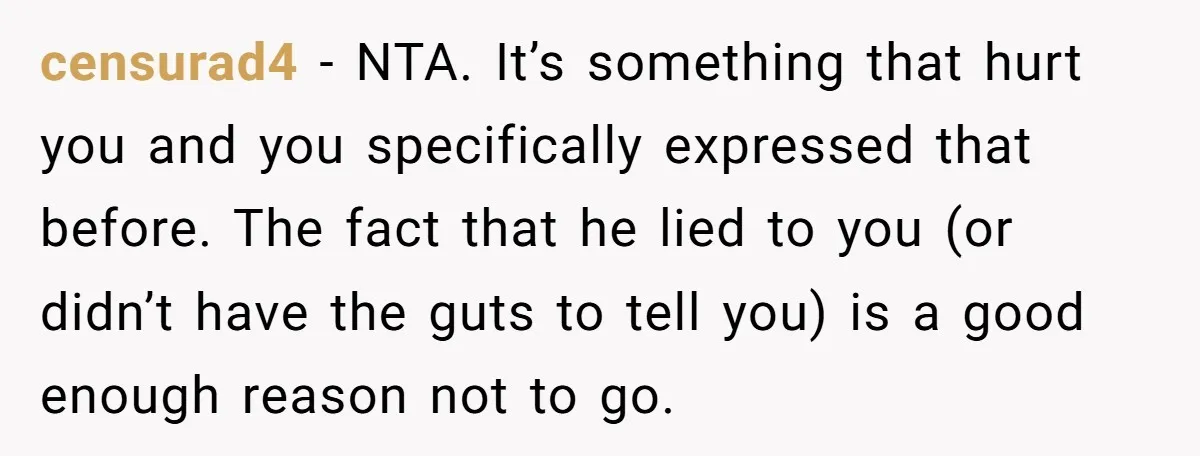 censurad4 − NTA. It’s something that hurt you and you specifically expressed that before. The fact that he lied to you (or didn’t have the guts to tell you) is...