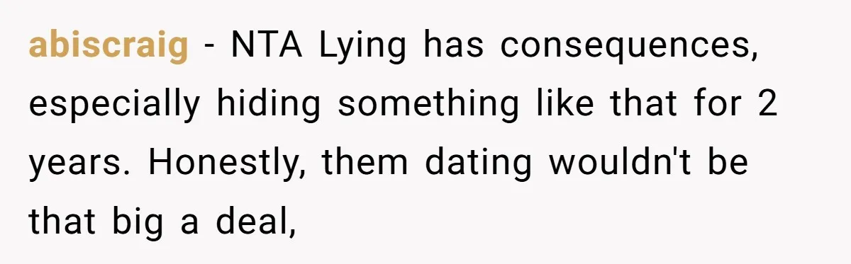 abiscraig − NTA Lying has consequences, especially hiding something like that for 2 years. Honestly, them dating wouldn't be that big a deal,