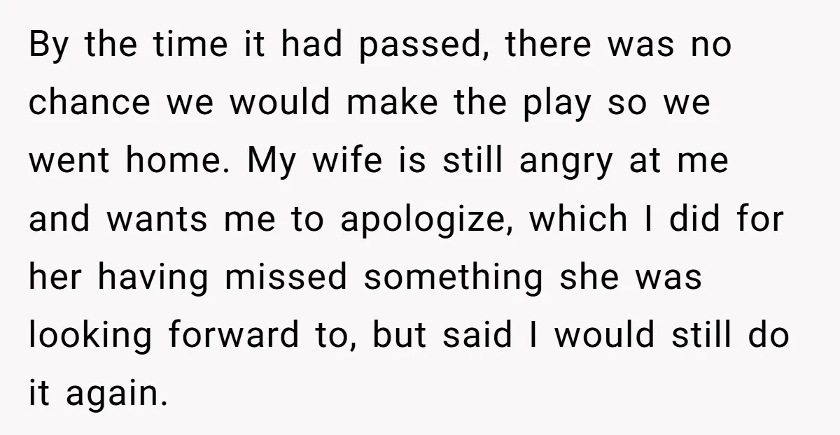 By the time it had passed, there was no chance we would make the play so we went home. My wife is still angry at me and wants me to...