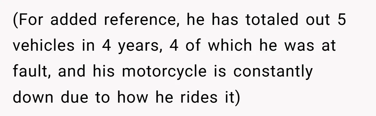 (For added reference, he has totaled out 5 vehicles in 4 years, 4 of which he was at fault, and his motorcycle is constantly down due to how he rides...
