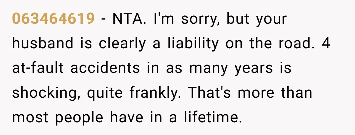 063464619 − NTA. I'm sorry, but your husband is clearly a liability on the road. 4 at-fault accidents in as many years is shocking, quite frankly. That's more than most...
