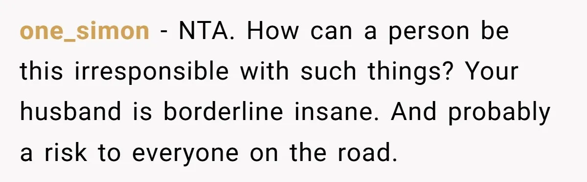 one_simon − NTA. How can a person be this irresponsible with such things? Your husband is borderline insane. And probably a risk to everyone on the road.