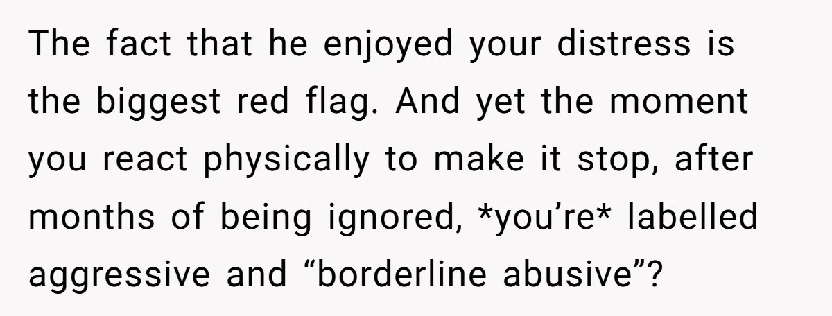 The fact that he enjoyed your distress is the biggest red flag. And yet the moment you react physically to make it stop, after months of being ignored, *you’re* labelled...