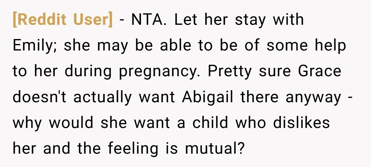 [Reddit User] − NTA. Let her stay with Emily; she may be able to be of some help to her during pregnancy. Pretty sure Grace doesn't actually want Abigail there...