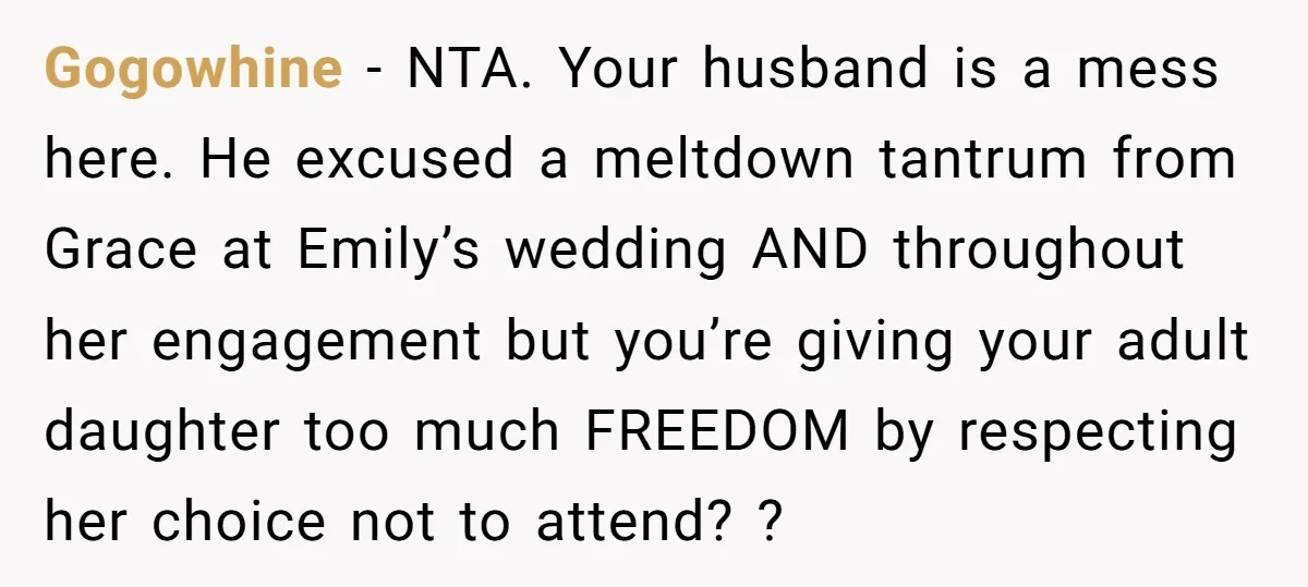 Gogowhine − NTA. Your husband is a mess here. He excused a meltdown tantrum from Grace at Emily’s wedding AND throughout her engagement but you’re giving your adult daughter too...