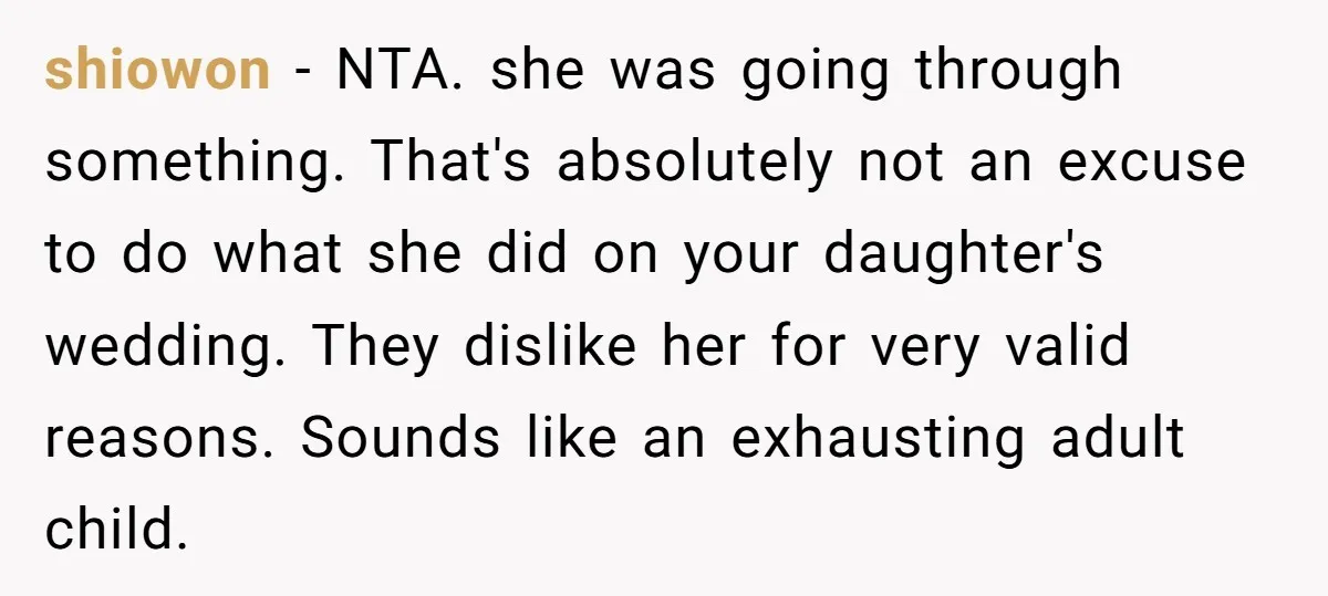 shiowon − NTA. she was going through something. That's absolutely not an excuse to do what she did on your daughter's wedding. They dislike her for very valid reasons. Sounds...