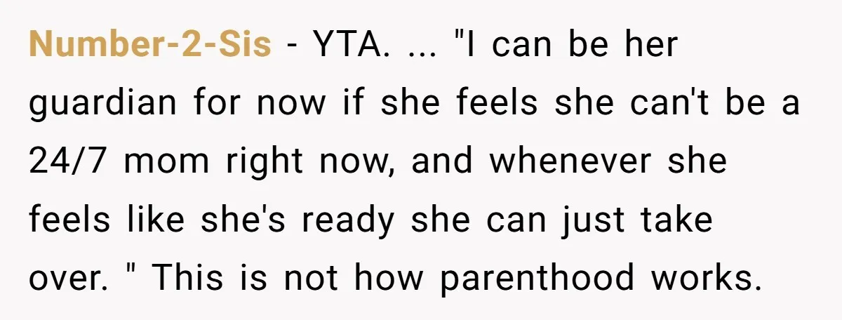 Number-2-Sis − YTA. ... "I can be her guardian for now if she feels she can't be a 24/7 mom right now, and whenever she feels like she's ready she...