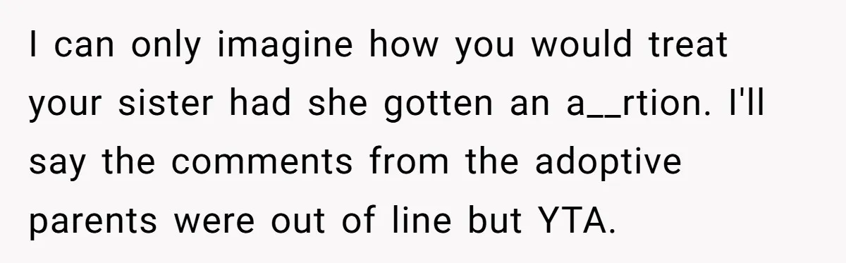 I can only imagine how you would treat your sister had she gotten an a__rtion. I'll say the comments from the adoptive parents were out of line but YTA.