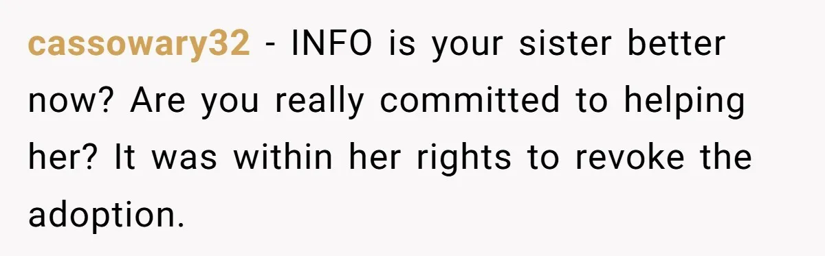 cassowary32 − INFO is your sister better now? Are you really committed to helping her? It was within her rights to revoke the adoption.