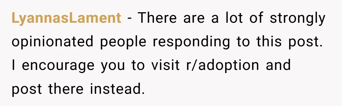 LyannasLament − There are a lot of strongly opinionated people responding to this post. I encourage you to visit r/adoption and post there instead.