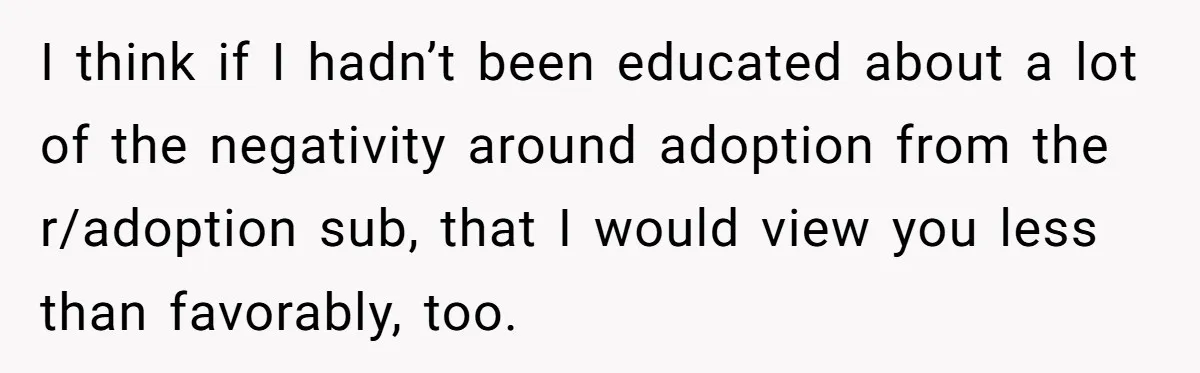 I think if I hadn’t been educated about a lot of the negativity around adoption from the r/adoption sub, that I would view you less than favorably, too.