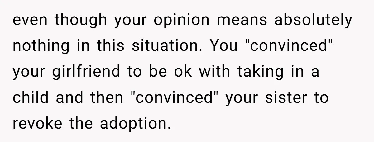 even though your opinion means absolutely nothing in this situation. You "convinced" your girlfriend to be ok with taking in a child and then "convinced" your sister to revoke the...