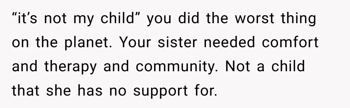 “it’s not my child” you did the worst thing on the planet. Your sister needed comfort and therapy and community. Not a child that she has no support for.