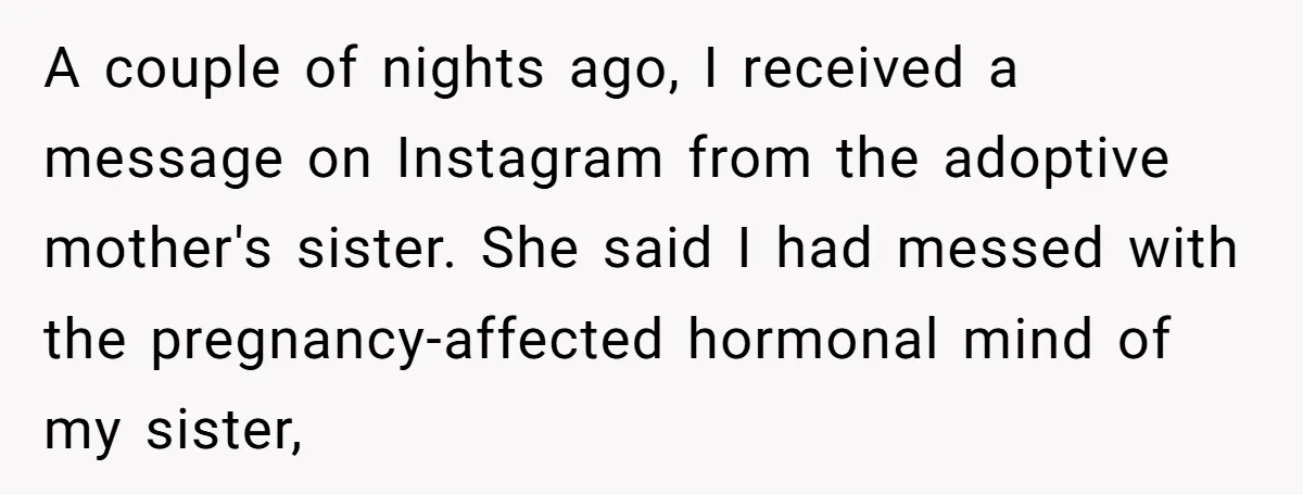 A couple of nights ago, I received a message on Instagram from the adoptive mother's sister. She said I had messed with the pregnancy-affected hormonal mind of my sister,