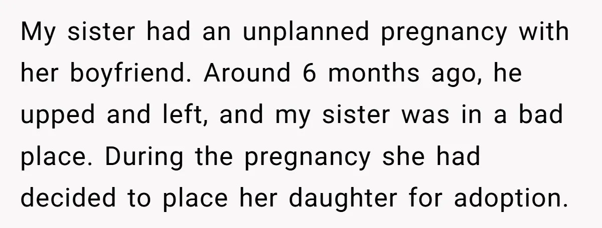 My sister had an unplanned pregnancy with her boyfriend. Around 6 months ago, he upped and left, and my sister was in a bad place. During the pregnancy she had...