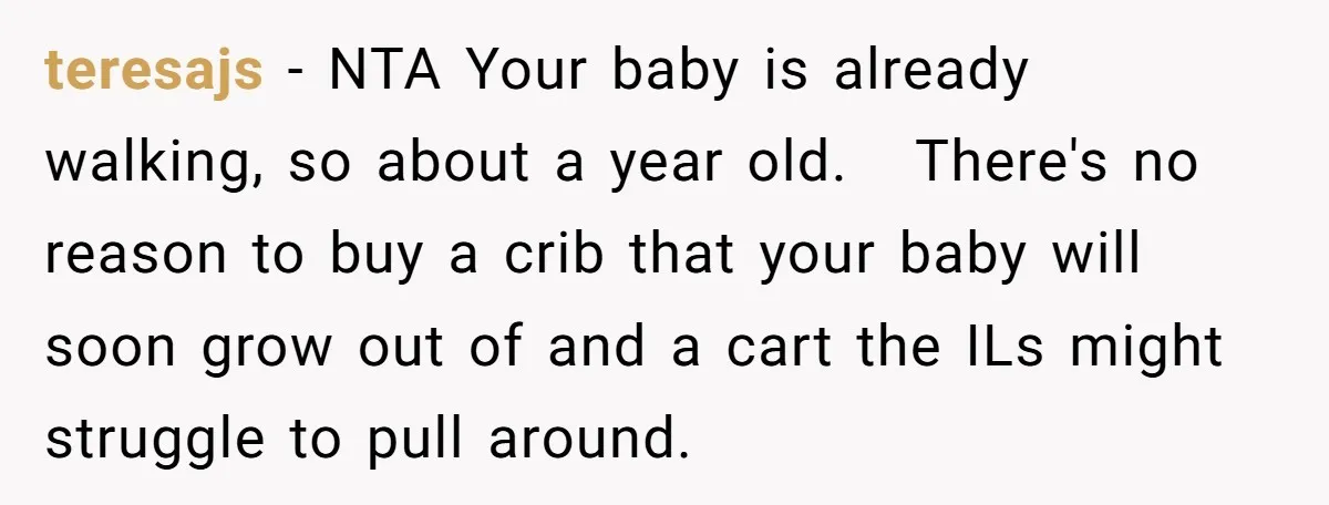 teresajs − NTA Your baby is already walking, so about a year old. There's no reason to buy a crib that your baby will soon grow out of and a...