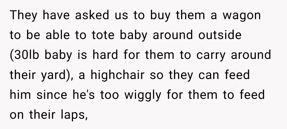 They have asked us to buy them a wagon to be able to tote baby around outside (30lb baby is hard for them to carry around their yard), a highchair...