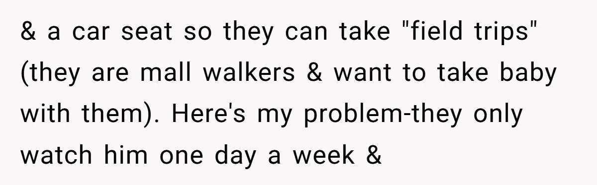 & a car seat so they can take "field trips" (they are mall walkers & want to take baby with them). Here's my problem-they only watch him one day a...