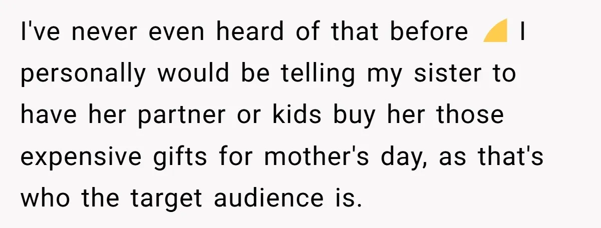 I've never even heard of that before 😅 I personally would be telling my sister to have her partner or kids buy her those expensive gifts for mother's day, as...