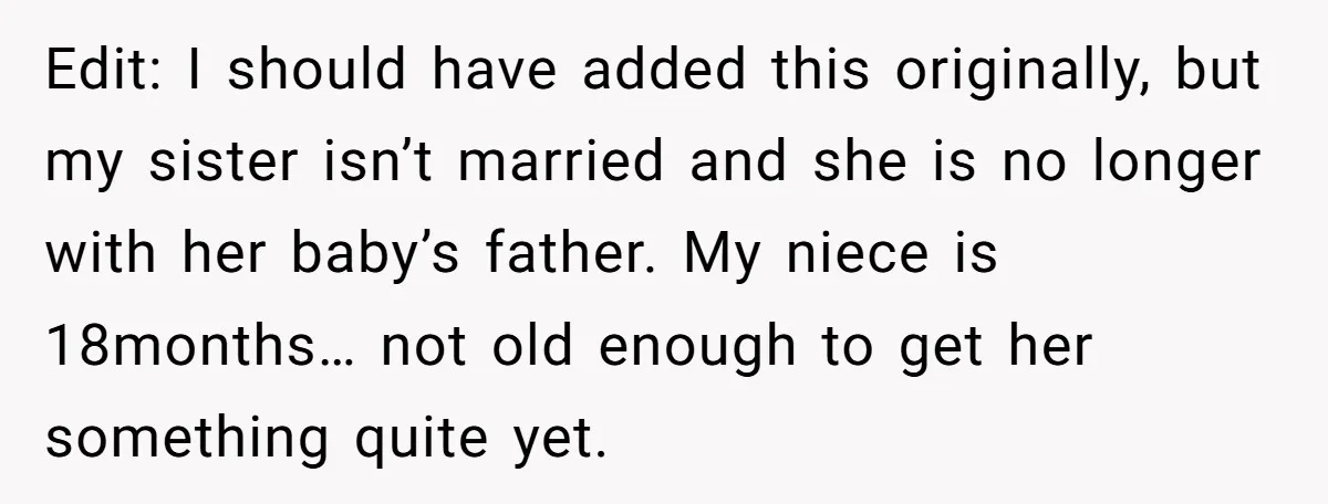 Edit: I should have added this originally, but my sister isn’t married and she is no longer with her baby’s father. My niece is 18months… not old enough to get...