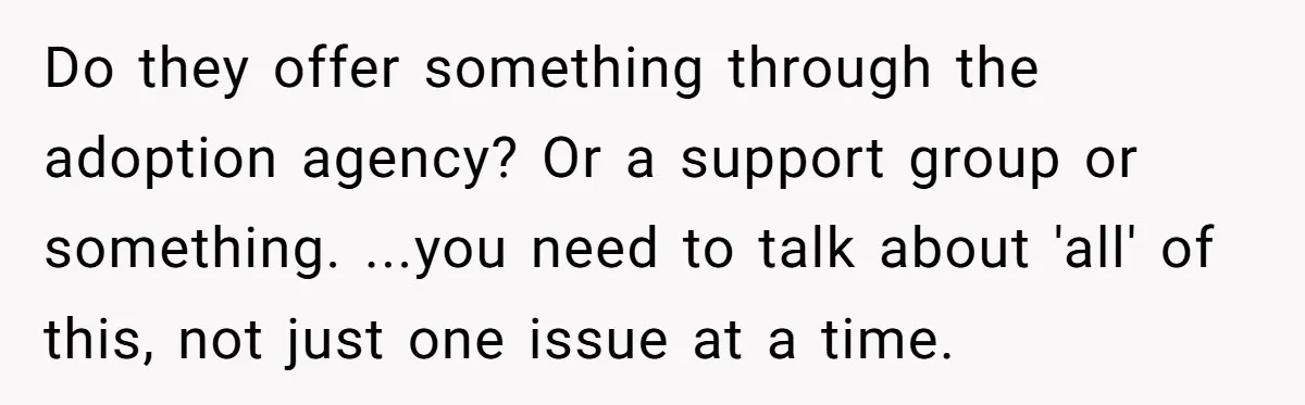 Do they offer something through the adoption agency? Or a support group or something. ...you need to talk about 'all' of this, not just one issue at a time.
