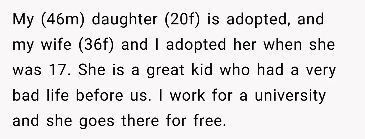 My (46m) daughter (20f) is adopted, and my wife (36f) and I adopted her when she was 17. She is a great kid who had a very bad life before...