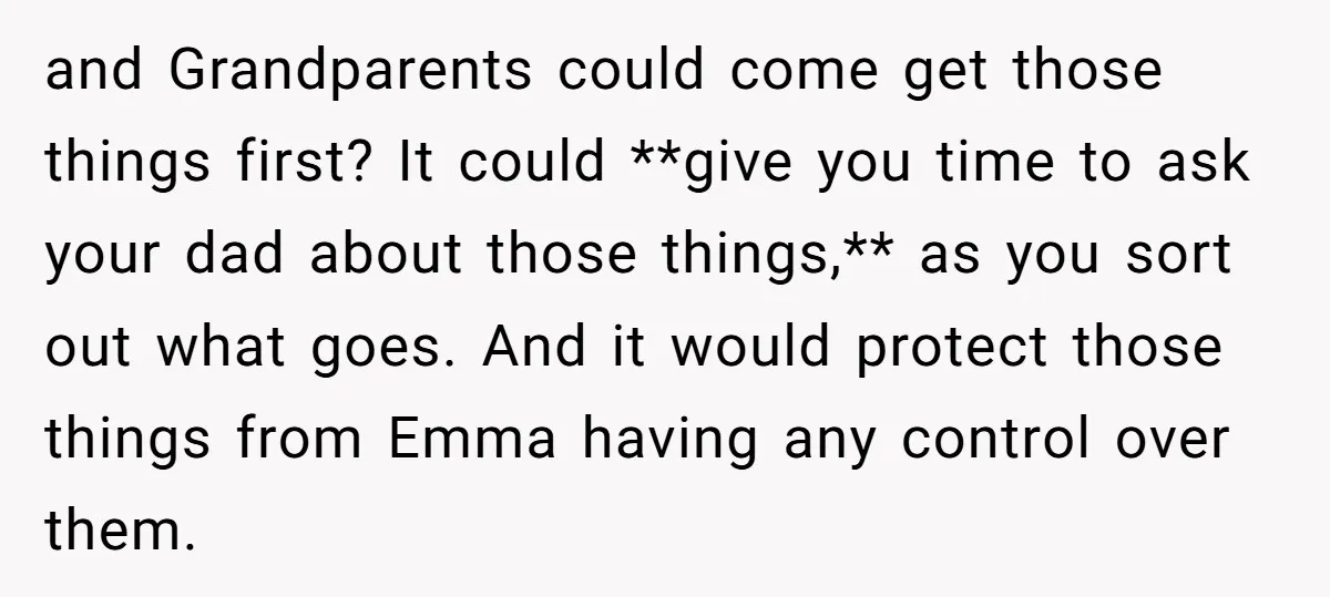 and Grandparents could come get those things first? It could **give you time to ask your dad about those things,** as you sort out what goes. And it would protect...