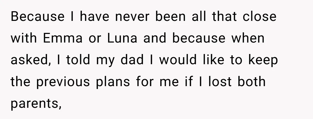 Because I have never been all that close with Emma or Luna and because when asked, I told my dad I would like to keep the previous plans for me...