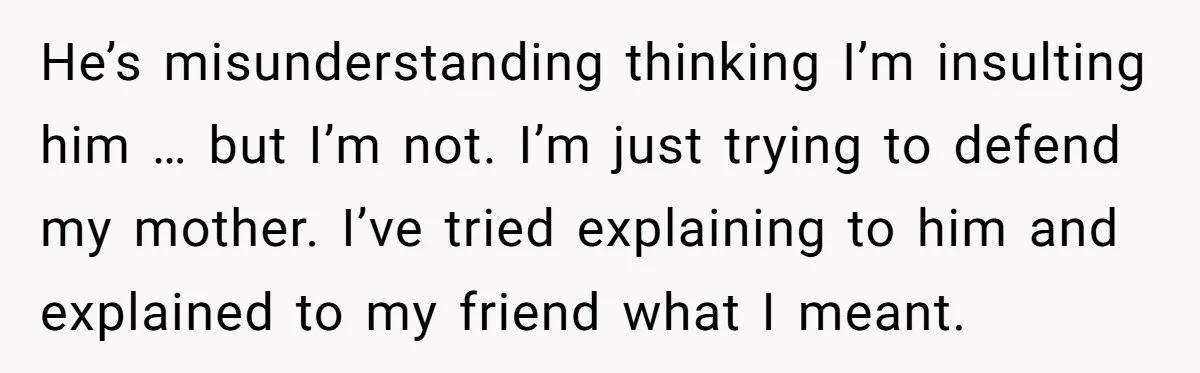 He’s misunderstanding thinking I’m insulting him … but I’m not. I’m just trying to defend my mother. I’ve tried explaining to him and explained to my friend what I meant.