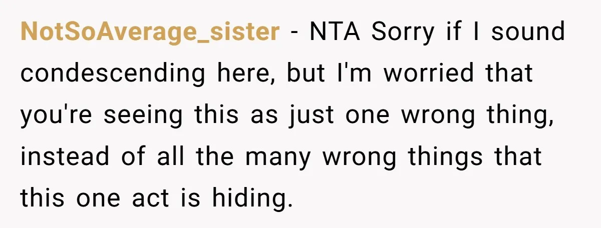 NotSoAverage_sister − NTA Sorry if I sound condescending here, but I'm worried that you're seeing this as just one wrong thing, instead of all the many wrong things that this...