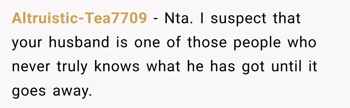 Altruistic-Tea7709 − Nta. I suspect that your husband is one of those people who never truly knows what he has got until it goes away.