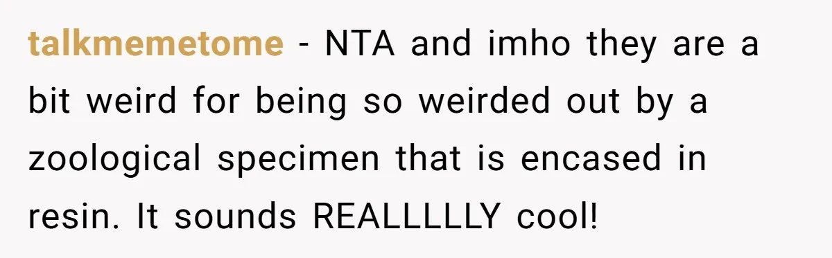 talkmemetome − NTA and imho they are a bit weird for being so weirded out by a zoological specimen that is encased in resin. It sounds REALLLLLY cool!