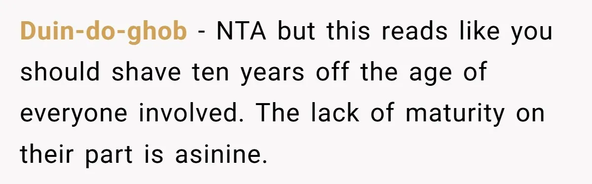 Duin-do-ghob − NTA but this reads like you should shave ten years off the age of everyone involved. The lack of maturity on their part is asinine.