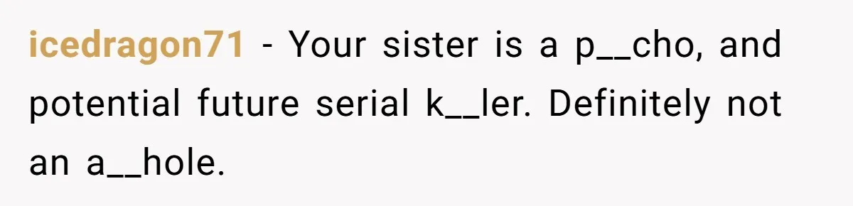 icedragon71 − Your sister is a p__cho, and potential future serial k__ler. Definitely not an a__hole.