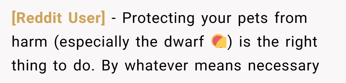 [Reddit User] − Protecting your pets from harm (especially the dwarf 🐹) is the right thing to do. By whatever means necessary