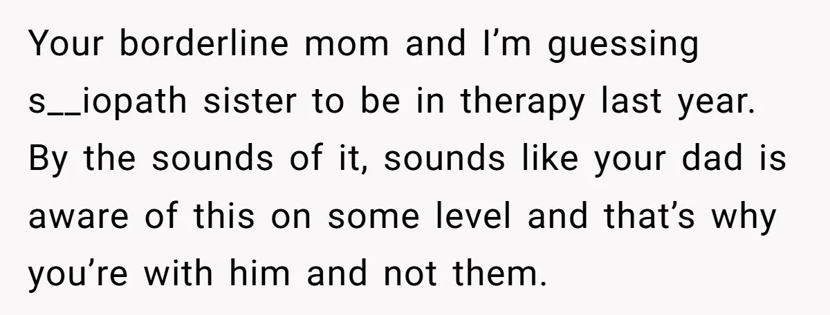 Your borderline mom and I’m guessing s__iopath sister to be in therapy last year. By the sounds of it, sounds like your dad is aware of this on some level...