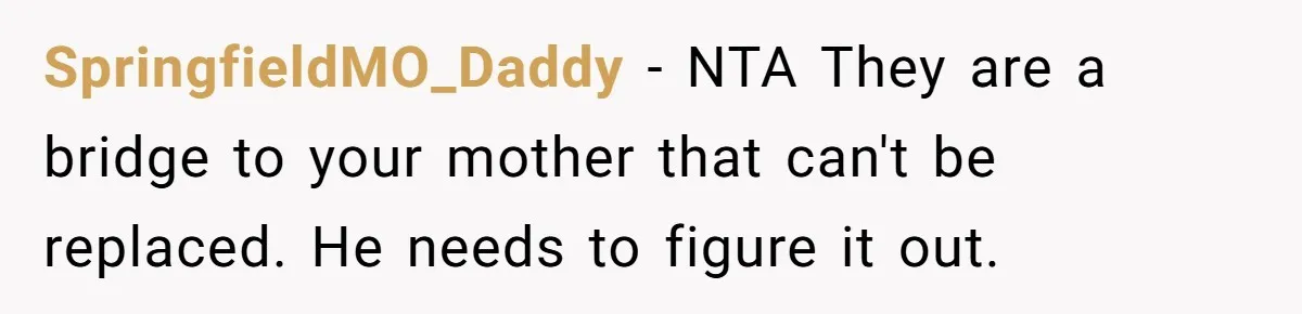 SpringfieldMO_Daddy − NTA They are a bridge to your mother that can't be replaced. He needs to figure it out.