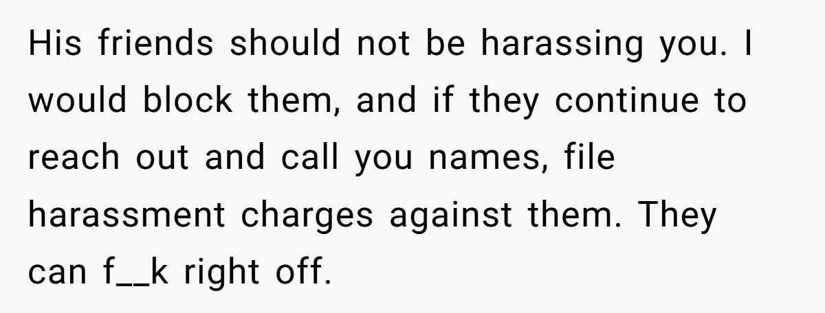 His friends should not be harassing you. I would block them, and if they continue to reach out and call you names, file harassment charges against them. They can f__k...