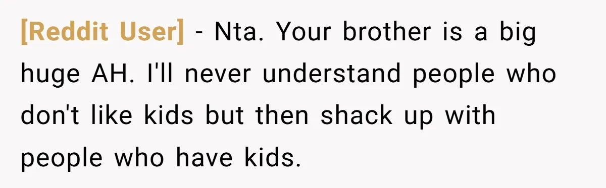 [Reddit User] − Nta. Your brother is a big huge AH. I'll never understand people who don't like kids but then shack up with people who have kids.