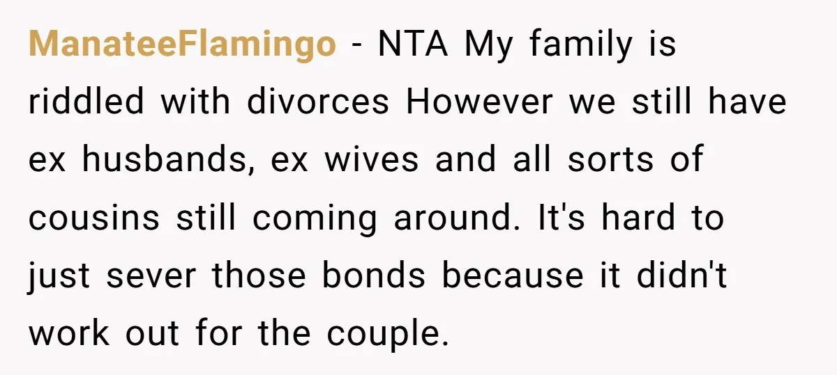 ManateeFlamingo − NTA My family is riddled with divorces However we still have ex husbands, ex wives and all sorts of cousins still coming around. It's hard to just sever...