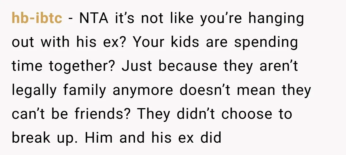 hb-ibtc − NTA it’s not like you’re hanging out with his ex? Your kids are spending time together? Just because they aren’t legally family anymore doesn’t mean they can’t be...