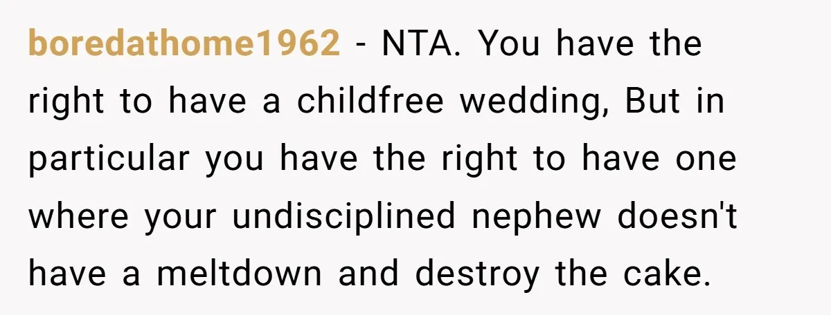 boredathome1962 − NTA. You have the right to have a childfree wedding, But in particular you have the right to have one where your undisciplined nephew doesn't have a meltdown...